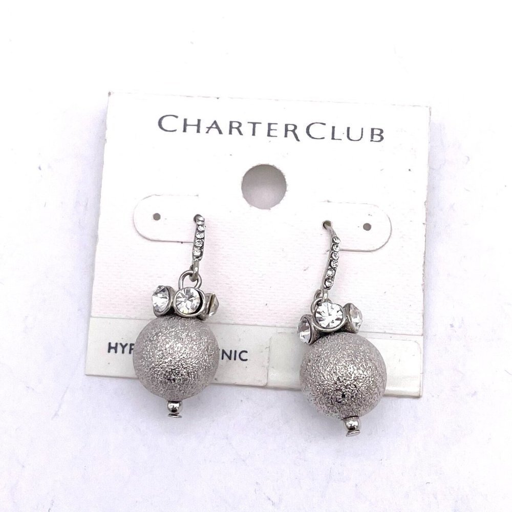 Charter Club Textured Ball Rhinestone Dangle Earrings Silver Tone Hook Closure